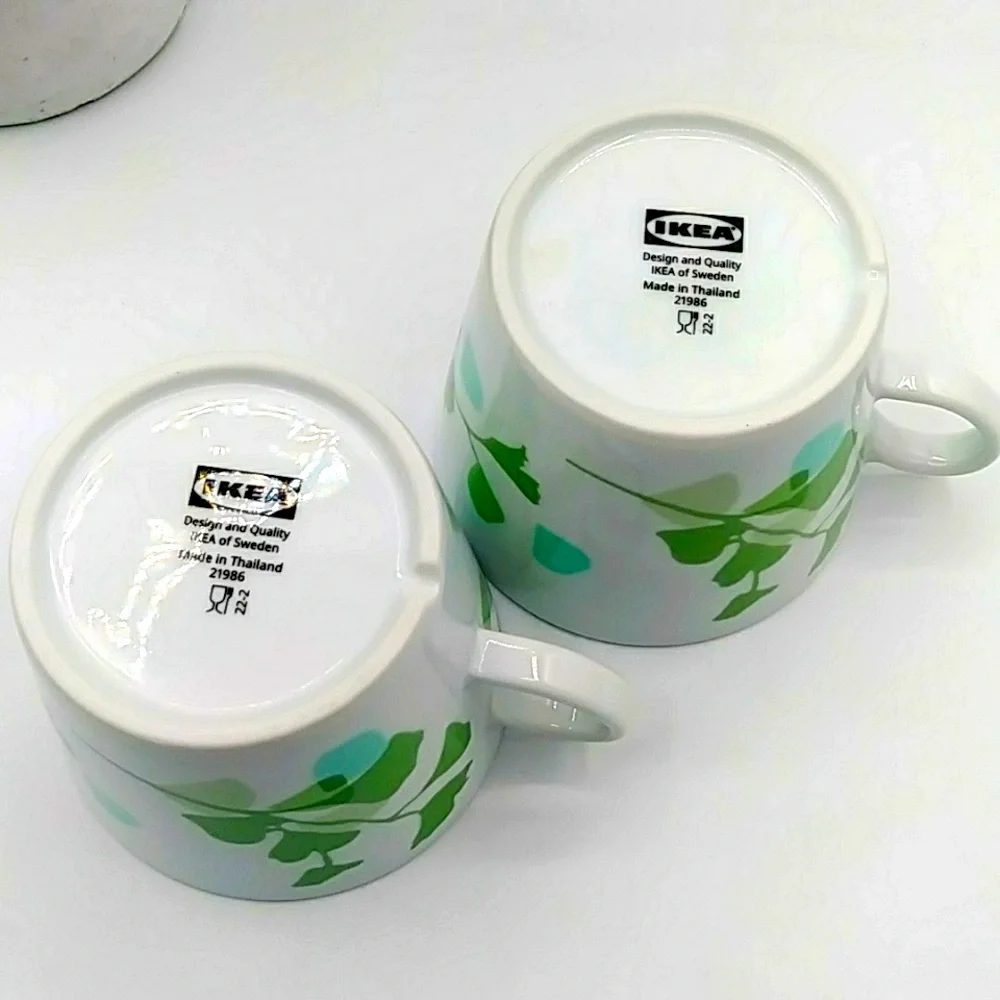 2 IKEA Stilenlig White Mugs With Ginko Leaves.